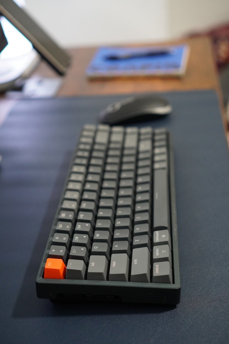 A keyboard and mouse on a desk.